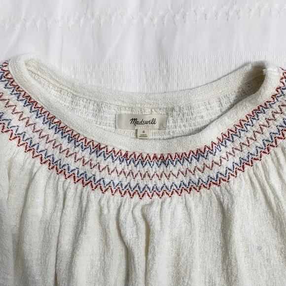 MADEWELL OFF WHITE  SUPERLIGHT JACQUARD EMBROIDERED SMOCKED LONG SLEEVE BLOUSE - Picture 7 of 10